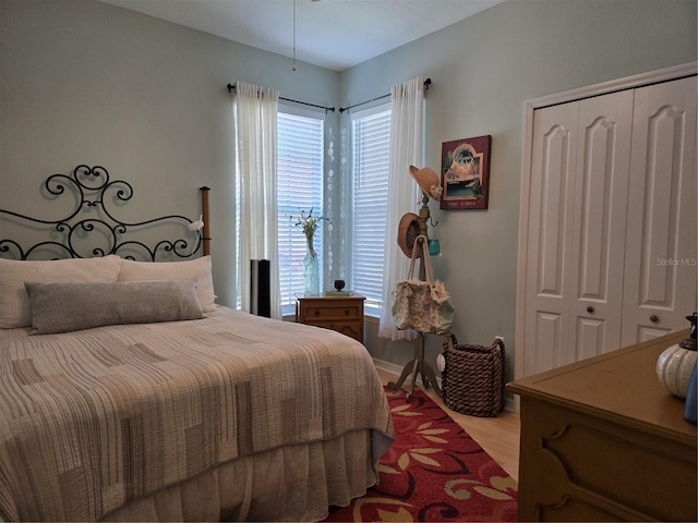 bedroom with a closet and hardwood / wood-style flooring