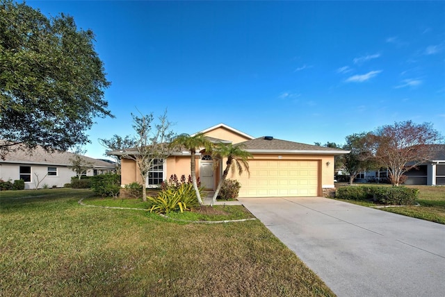 single story home featuring a front lawn and a garage