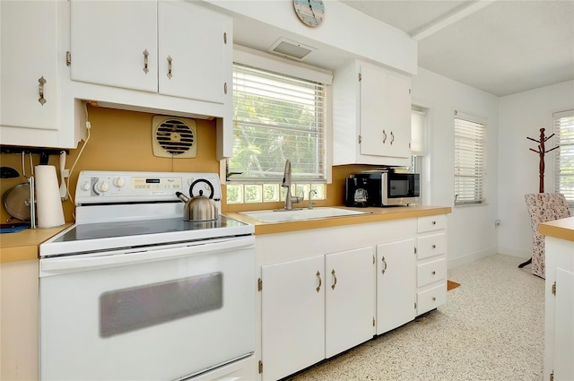 kitchen with white cabinetry, sink, and white range with electric stovetop