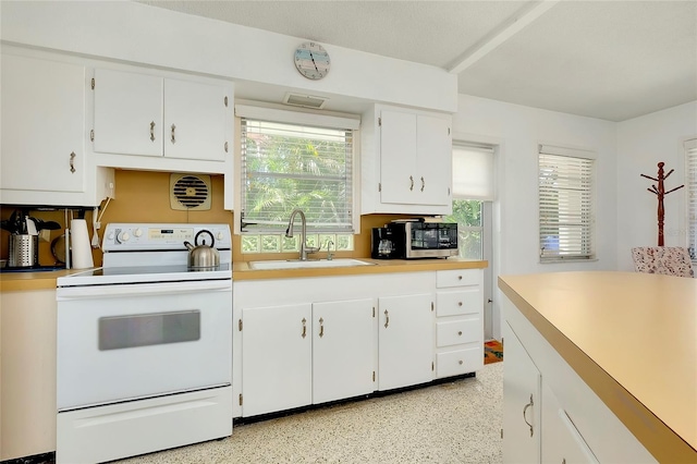 kitchen featuring white cabinetry, sink, and white electric stove