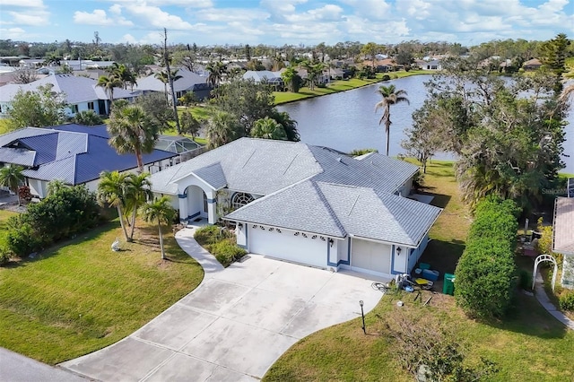 aerial view featuring a water view