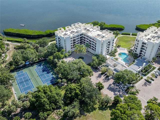 drone / aerial view with a water view