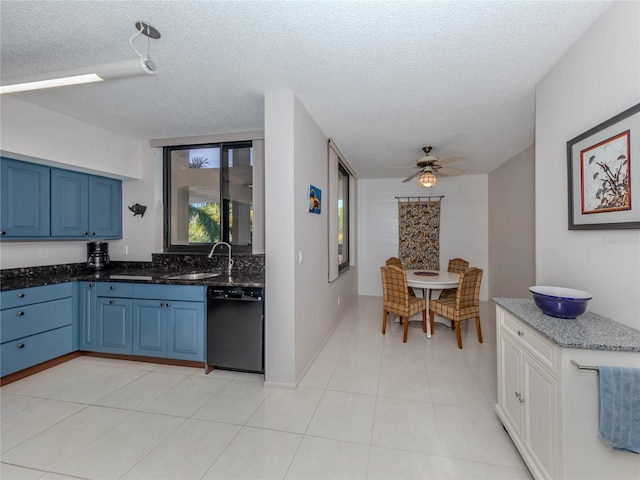 kitchen with ceiling fan, blue cabinets, stone countertops, and black dishwasher