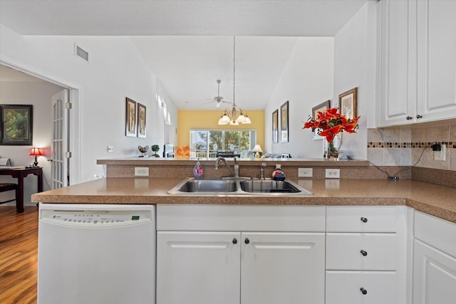 kitchen featuring white cabinetry, dishwasher, sink, kitchen peninsula, and decorative backsplash