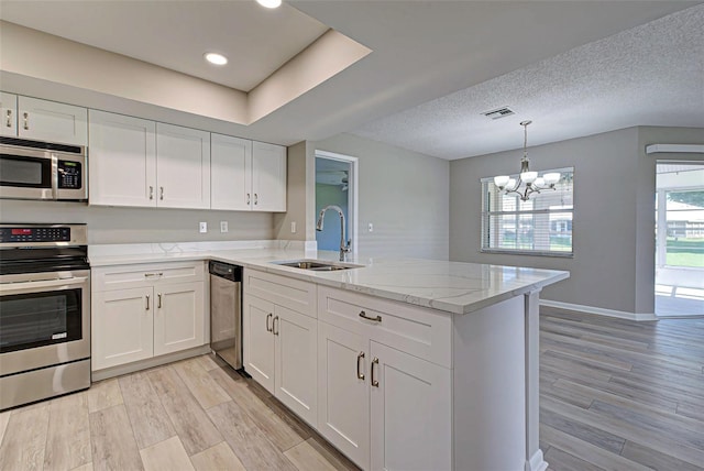 kitchen featuring stainless steel appliances, sink, white cabinets, and kitchen peninsula