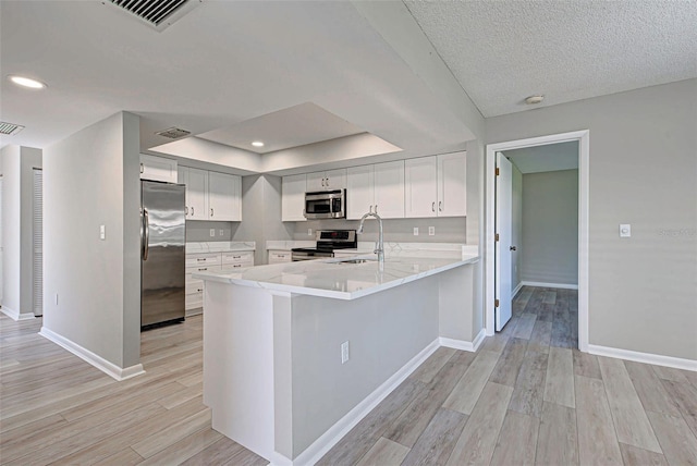 kitchen featuring sink, light hardwood / wood-style flooring, appliances with stainless steel finishes, kitchen peninsula, and white cabinets