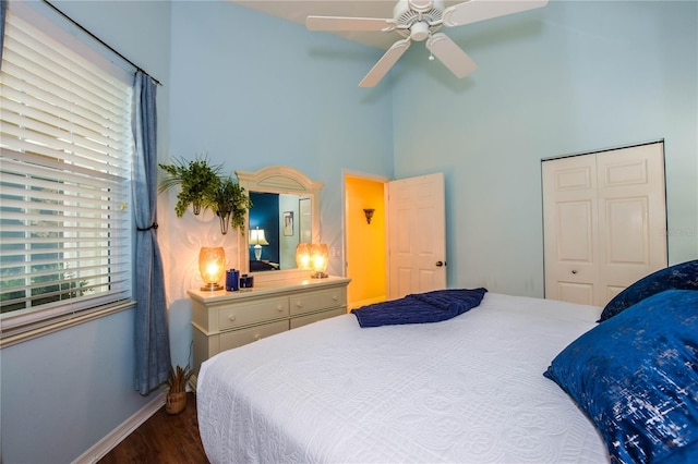 bedroom featuring dark hardwood / wood-style flooring, ceiling fan, and a closet