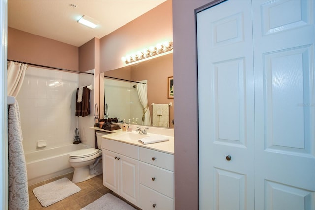 full bathroom with tile patterned flooring, vanity, toilet, and shower / bathtub combination with curtain