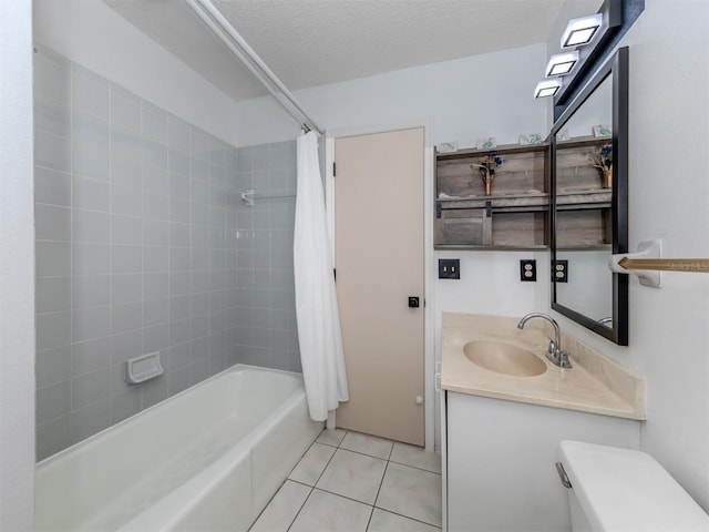 bathroom featuring vanity, shower / tub combo, tile patterned flooring, and a textured ceiling