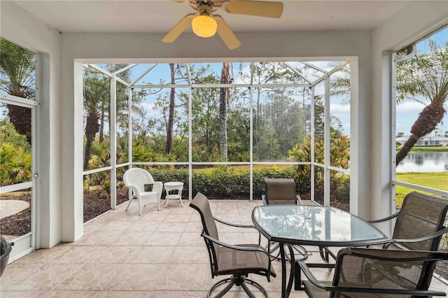 sunroom / solarium with a water view