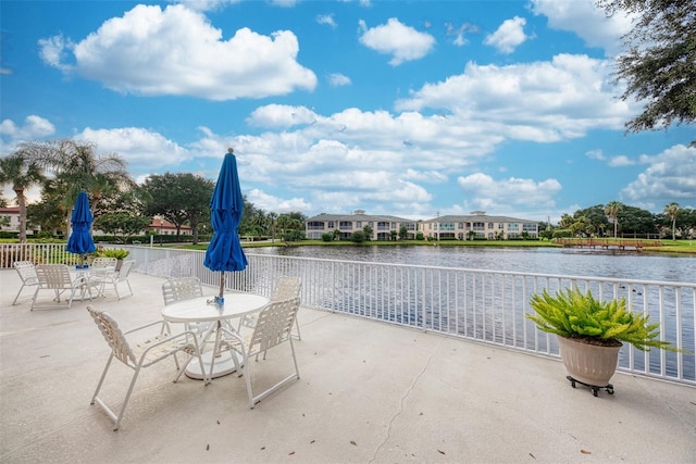 view of patio / terrace featuring a water view