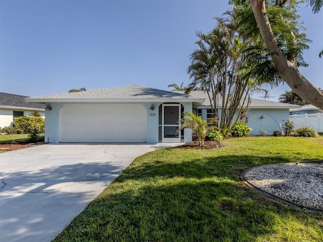 ranch-style home with a garage and a front lawn