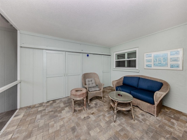 sitting room with a textured ceiling