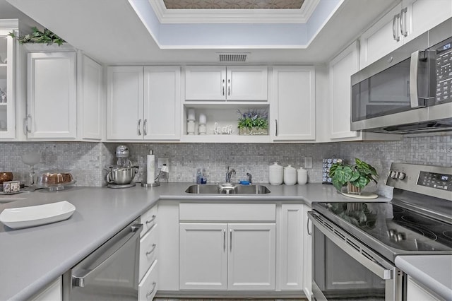 kitchen featuring white cabinets, stainless steel appliances, and sink