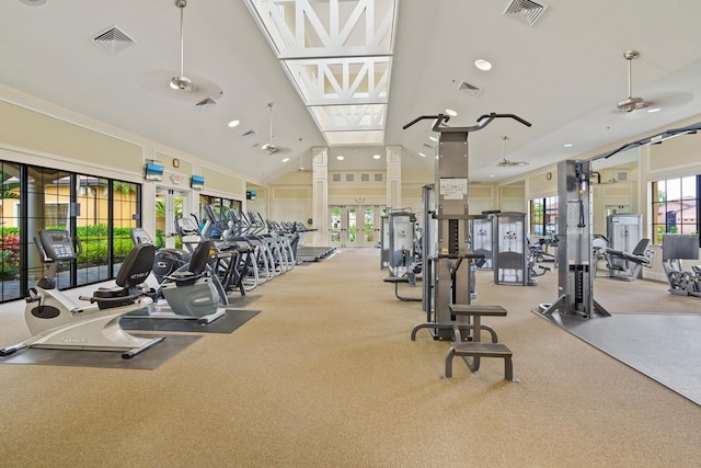 workout area featuring lofted ceiling