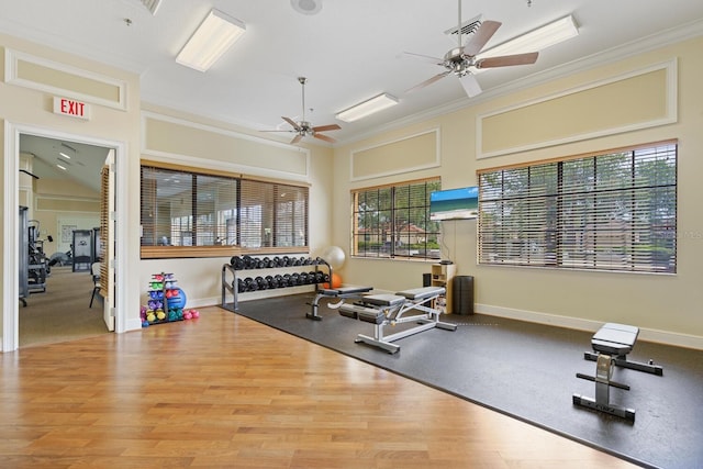 workout room featuring ornamental molding, light hardwood / wood-style floors, and ceiling fan