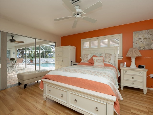 bedroom with access to exterior, ceiling fan, and light hardwood / wood-style floors