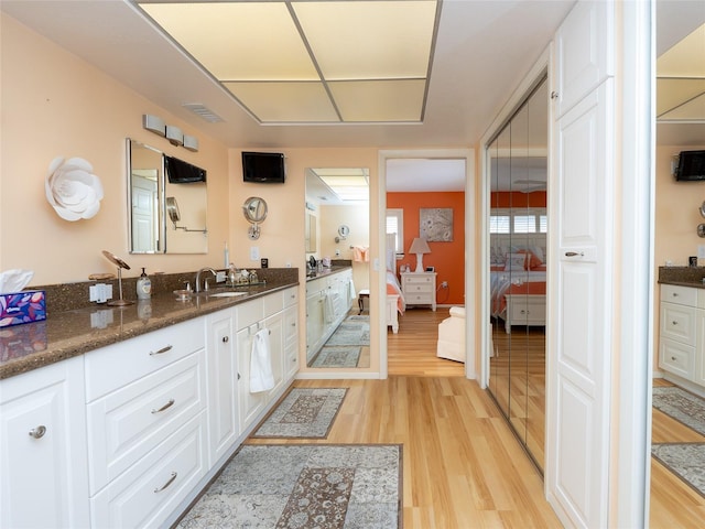 bathroom with hardwood / wood-style flooring and vanity