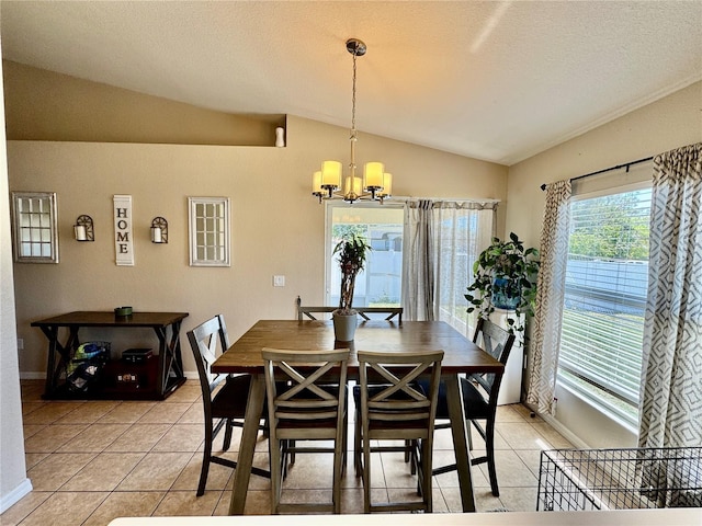 8307 Glover Ave, North Port, FL 34291 - dining room with a textured ceiling, light tile patterned flooring, a notable chandelier, and vaulted ceiling