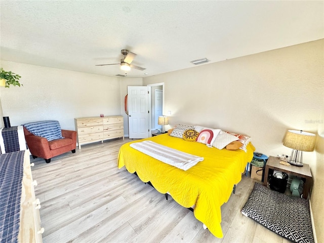 8307 Glover Ave, North Port, FL 34291 - bedroom with ceiling fan, visible vents, a textured ceiling, and wood finished floors