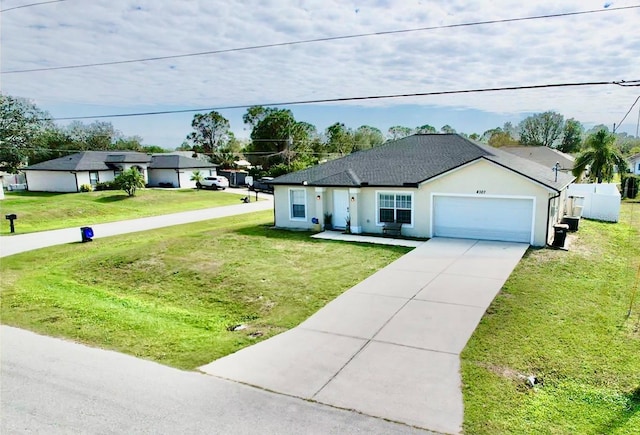 8307 Glover Ave, North Port, FL 34291 - ranch-style house featuring stucco siding, driveway, a front lawn, a garage, and fence