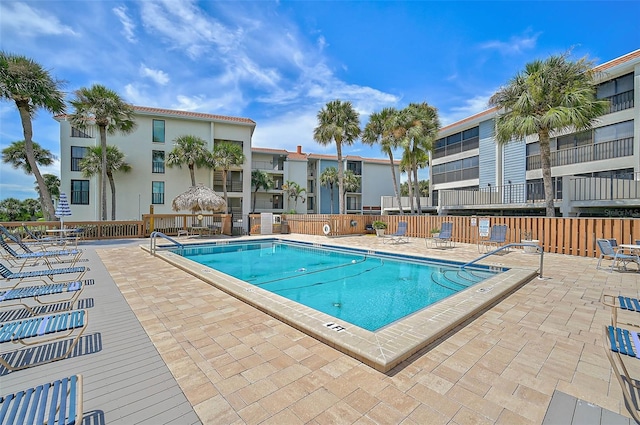 view of swimming pool with a patio area