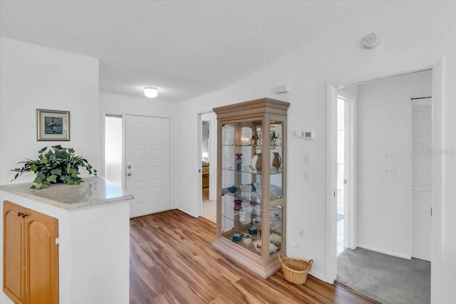 foyer entrance with a textured ceiling and light hardwood / wood-style floors