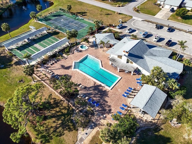 drone / aerial view with a water view