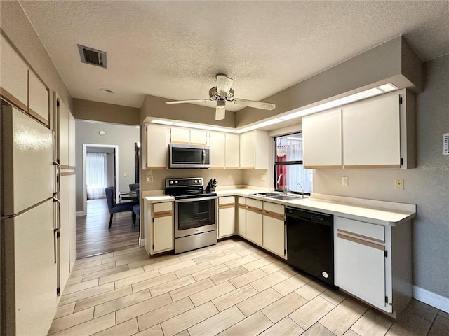 kitchen featuring plenty of natural light, sink, a textured ceiling, and stainless steel appliances