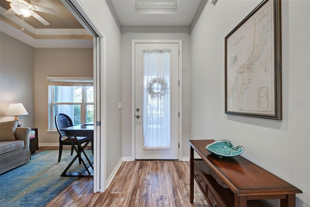 entryway featuring hardwood / wood-style floors, ornamental molding, a raised ceiling, and ceiling fan