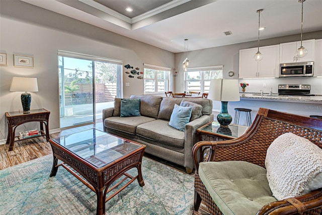 living room with ornamental molding, a tray ceiling, light hardwood / wood-style flooring, and a wealth of natural light