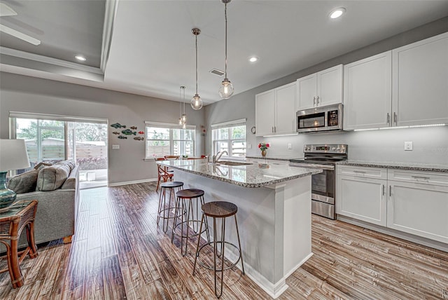 kitchen with white cabinetry, light stone counters, decorative light fixtures, a center island with sink, and appliances with stainless steel finishes