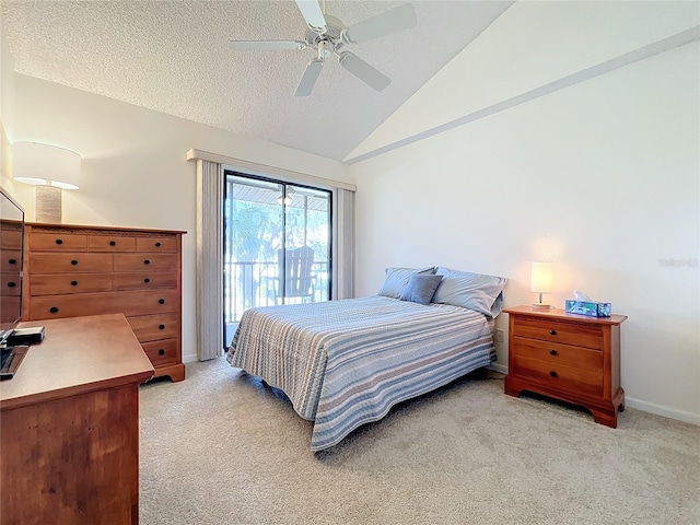 bedroom with light colored carpet, ceiling fan, access to outside, vaulted ceiling, and a textured ceiling