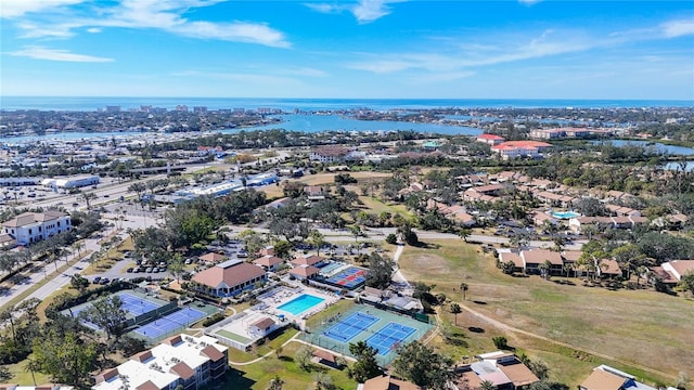 drone / aerial view featuring a water view