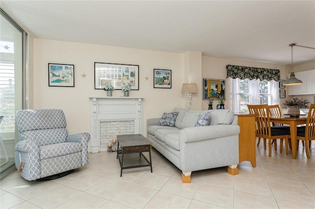 living room with light tile patterned flooring