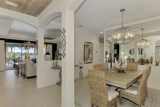 dining space with ornamental molding, ceiling fan with notable chandelier, and wood ceiling