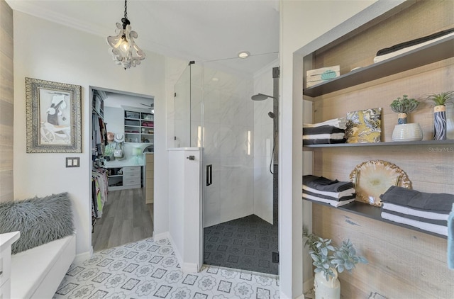 bathroom with vanity, hardwood / wood-style floors, and an enclosed shower