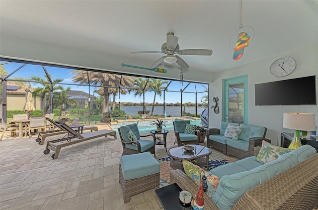 interior space featuring ceiling fan