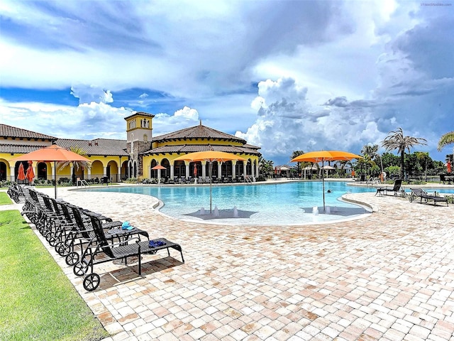 view of pool featuring a patio