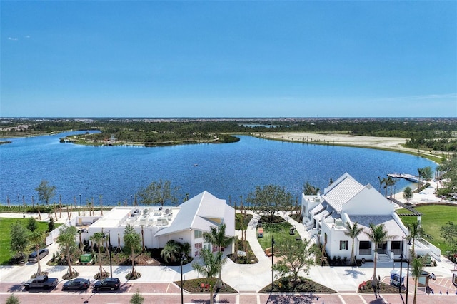 drone / aerial view with a water view