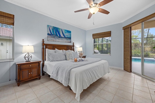 tiled bedroom featuring access to outside, ceiling fan, and crown molding