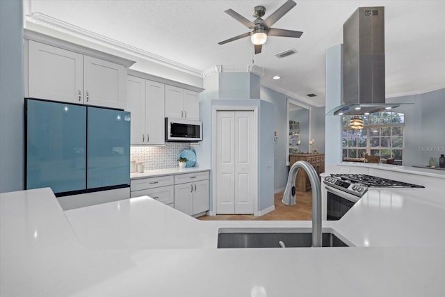 kitchen with sink, refrigerator, ornamental molding, stainless steel range, and island range hood