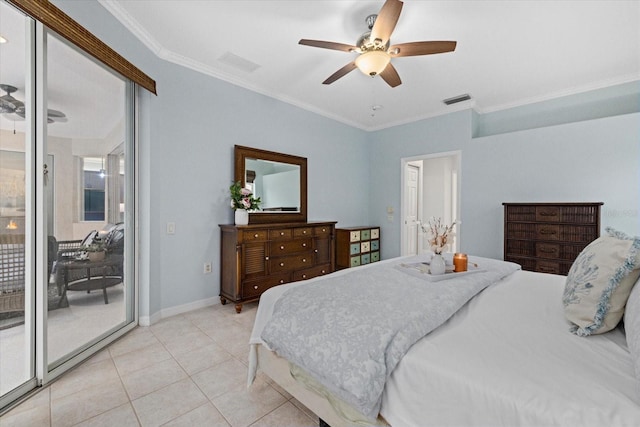 bedroom featuring light tile patterned flooring, access to exterior, ceiling fan, and ornamental molding