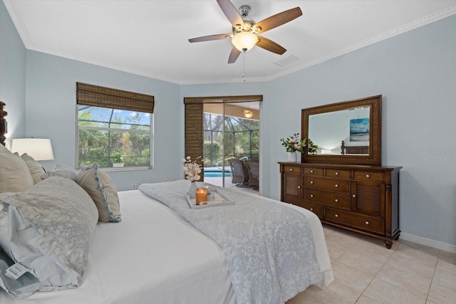 bedroom with ceiling fan, access to outside, crown molding, and light tile patterned floors