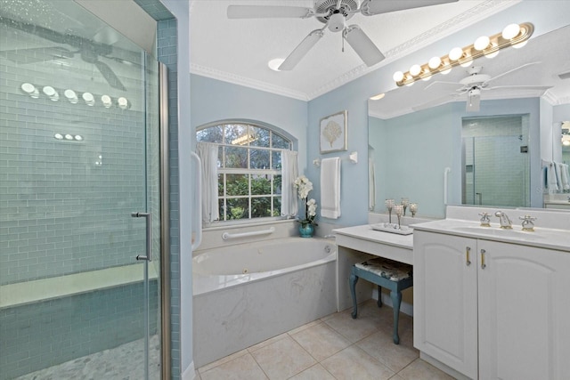 bathroom with vanity, tile patterned flooring, crown molding, and plus walk in shower