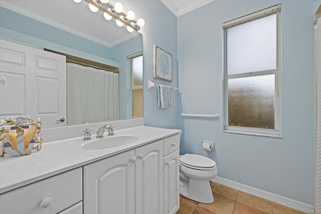 bathroom featuring toilet, vanity, tile patterned floors, and ornamental molding