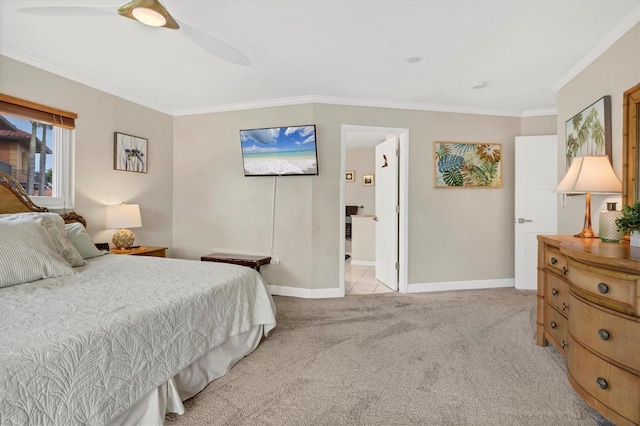 bedroom featuring ceiling fan, light colored carpet, and ornamental molding