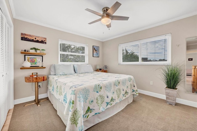 bedroom with light carpet, a closet, crown molding, and ceiling fan