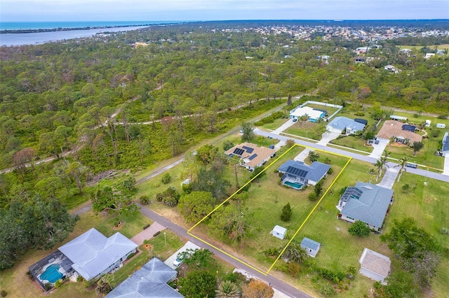 aerial view featuring a water view