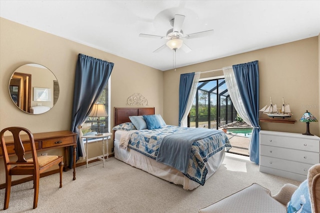 bedroom with ceiling fan, access to exterior, and light carpet